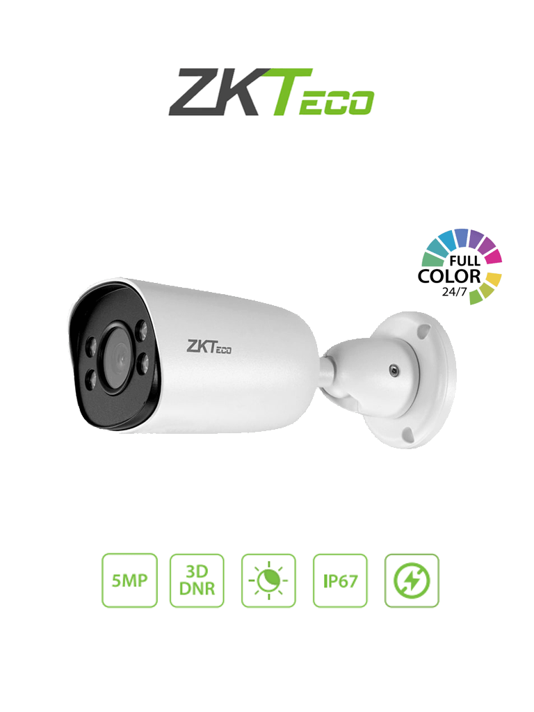 ZKTECO BS855P12CS7CMI - Cámara IP Bullet a todo color 5MP / Compresión H.265 / Lente 3.6 mm / Alcance IR 20mts / Detección facial / Micrófono integrado / Carcasa metálica / PoE / IP67 / P2P / ONVIF Profile S