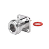Conector N hembra de montaje en panel con 4 orificios a 12.7 mm, soldable.