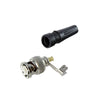 Conector BNC macho de 75 ohmios, para cable coaxial RG-59 / Con base de alivio de tensión de PVC negro, níquel/oro/PTFE.