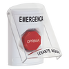 Botón Multipropósito, Color Blanco, De Superficie, Con Tapa De Policarbonato, Con Bocina Pre Alarma, Solo Interior, Llave Para Restablecer, Texto De Emergencia, Español