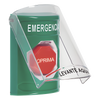 Botón Multipropósito, Color Verde, De Superficie, Con Tapa De Policarbonato, Con Bocina Pre Alarma, Solo Interior, Llave Para Restablecer, Texto De Emergencia, Español