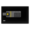 Caja Fuerte Electrónica Residencial / Sistema de Apertura por Código 3-8 Dígitos / Llave de Emergencia / Bloqueo de Seguridad 5 Minutos / Indicadores LED / Alimentación 4 Pilas AA / Garantía 1 Año