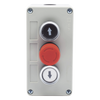 Botonera Triple con Boton de Stop Tipo Enclavado / Para Barreras Vehiculares, Operadores Corredizos y Abatibles.